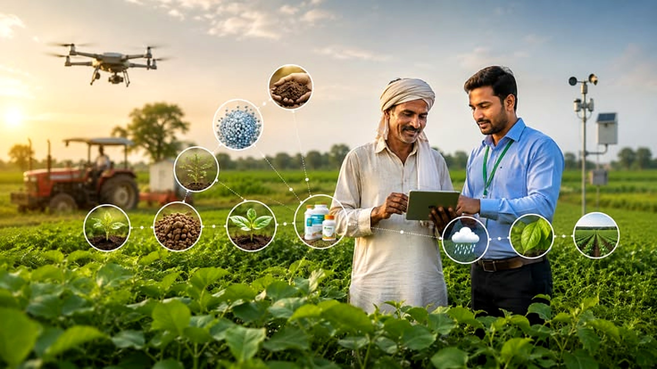 Farmer and agri consultant reviewing crop data on a tablet in a green field